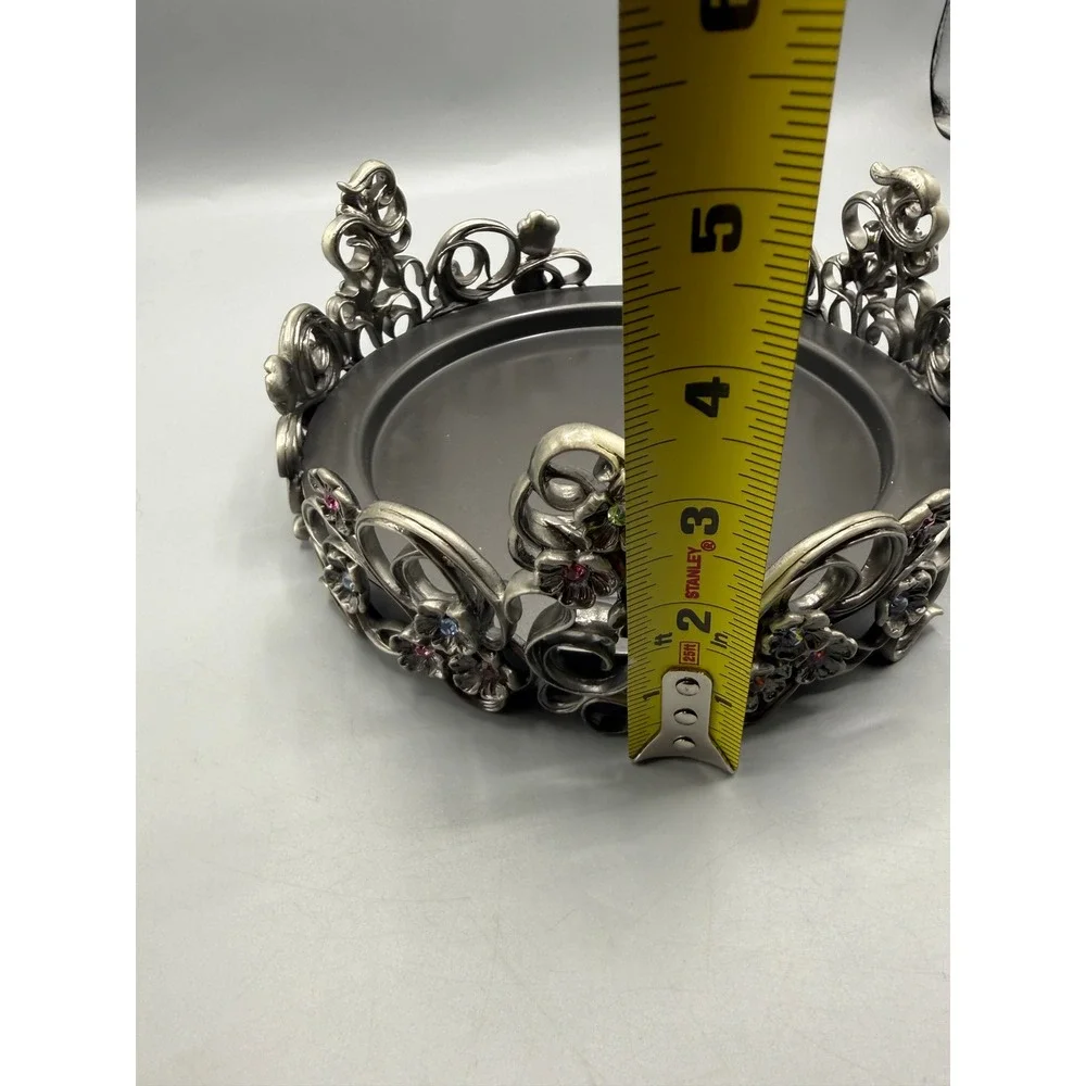 PartyLite Jewels 3 Wick Candle Holder Pewter Metal Ornate Floral Jeweled Crown